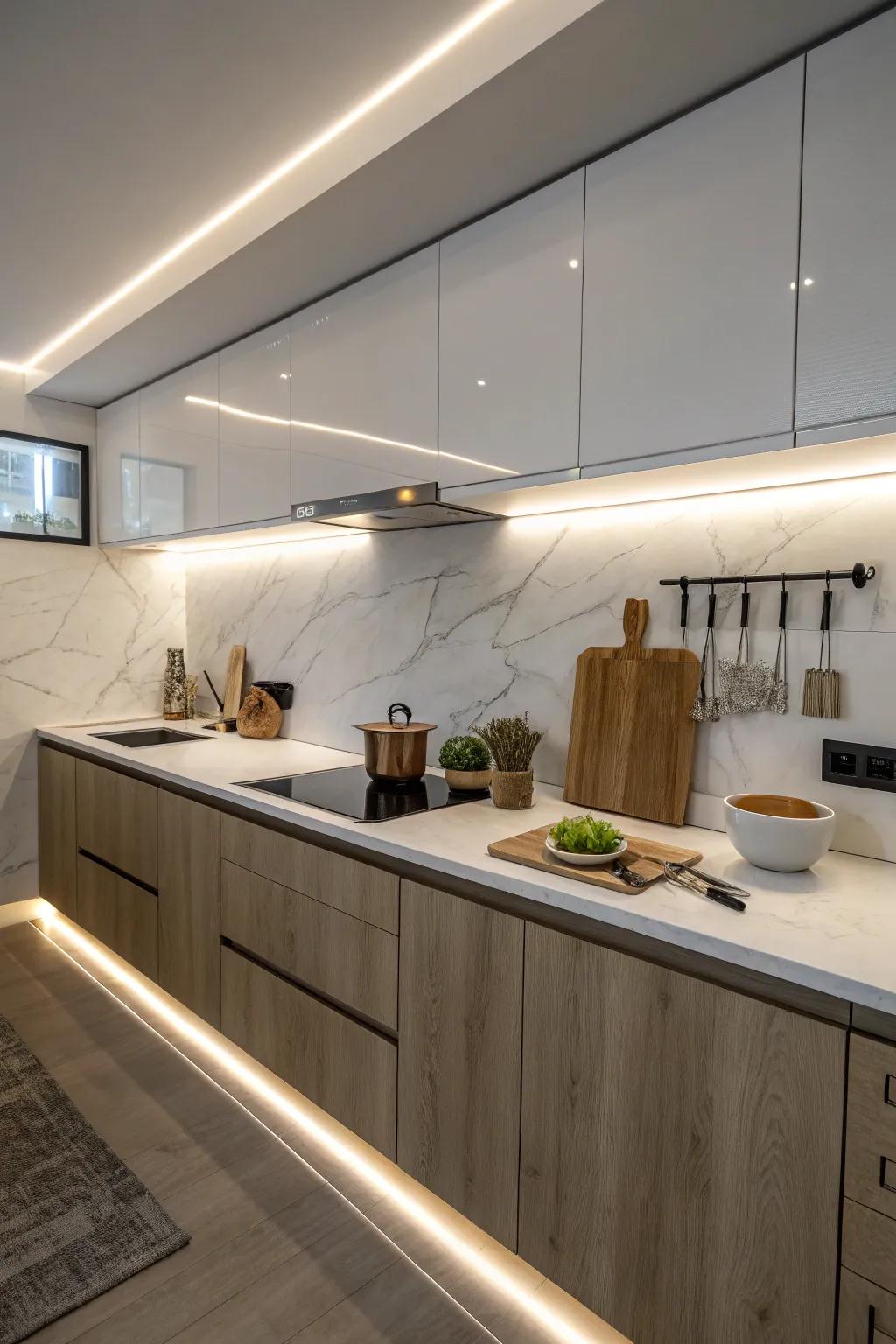 LED strips light up kitchen counters under cabinets.