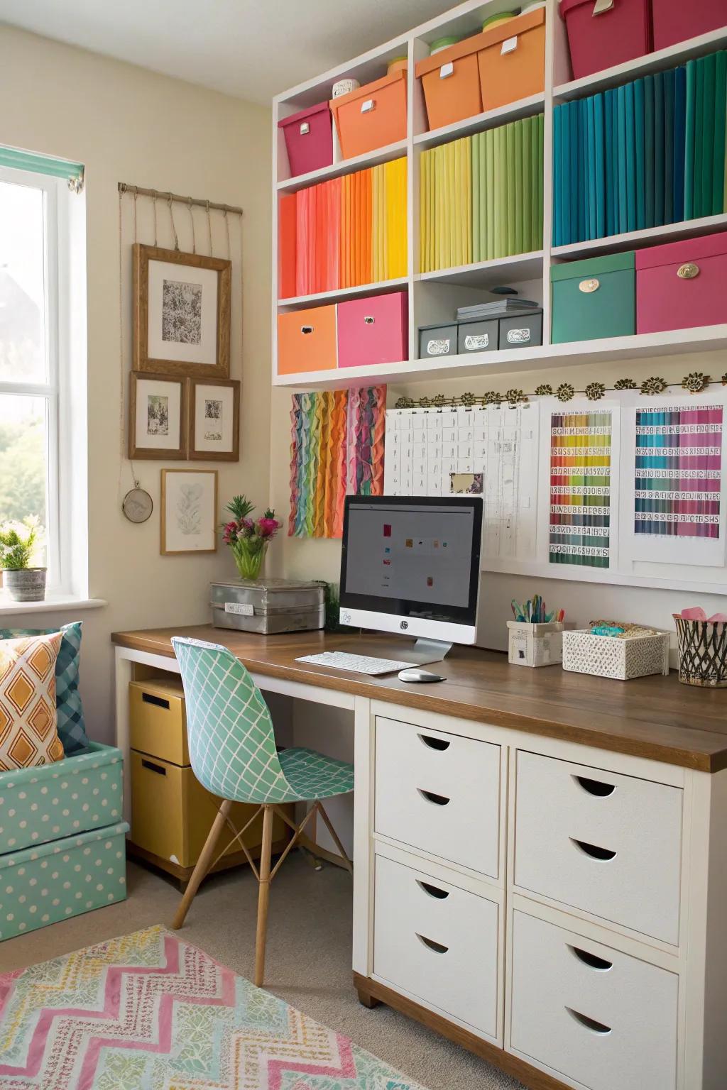 Color-coded organization brings both order and personality to a home office.