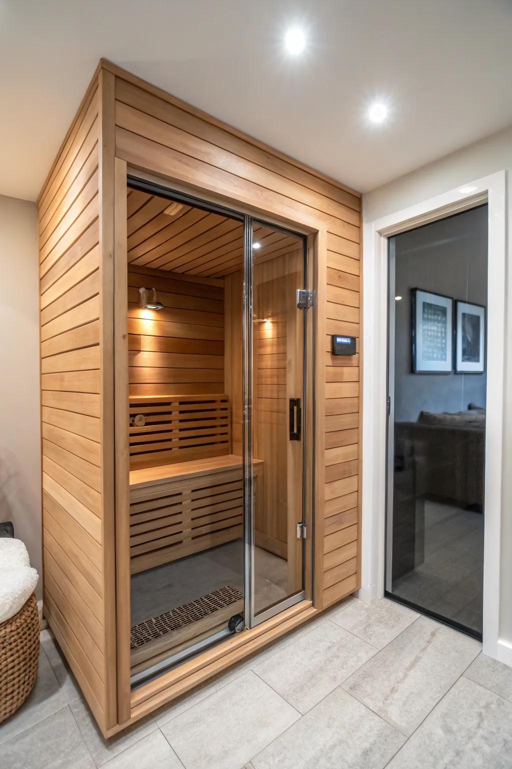 This small sauna makes the most of the area it occupies.
