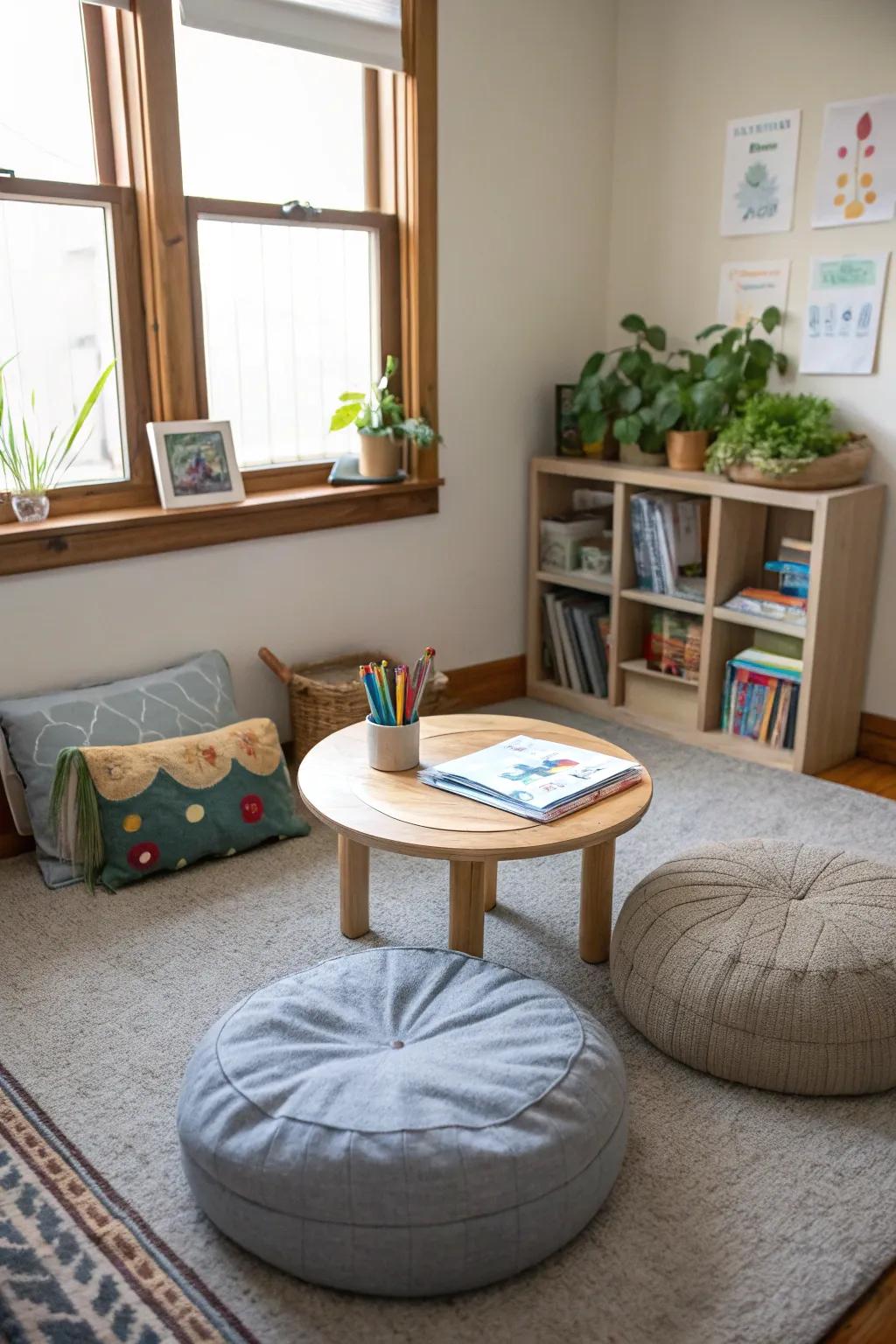 Flexible seating offers comfort and adaptability in small homeschool spaces.