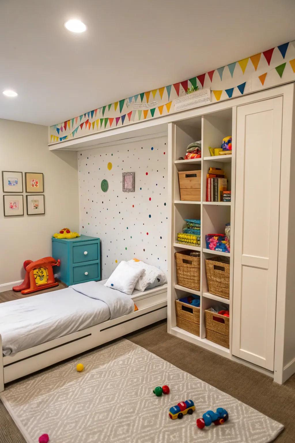 A playful kids' room using a foldable wall bed, transforming into a fun play zone.