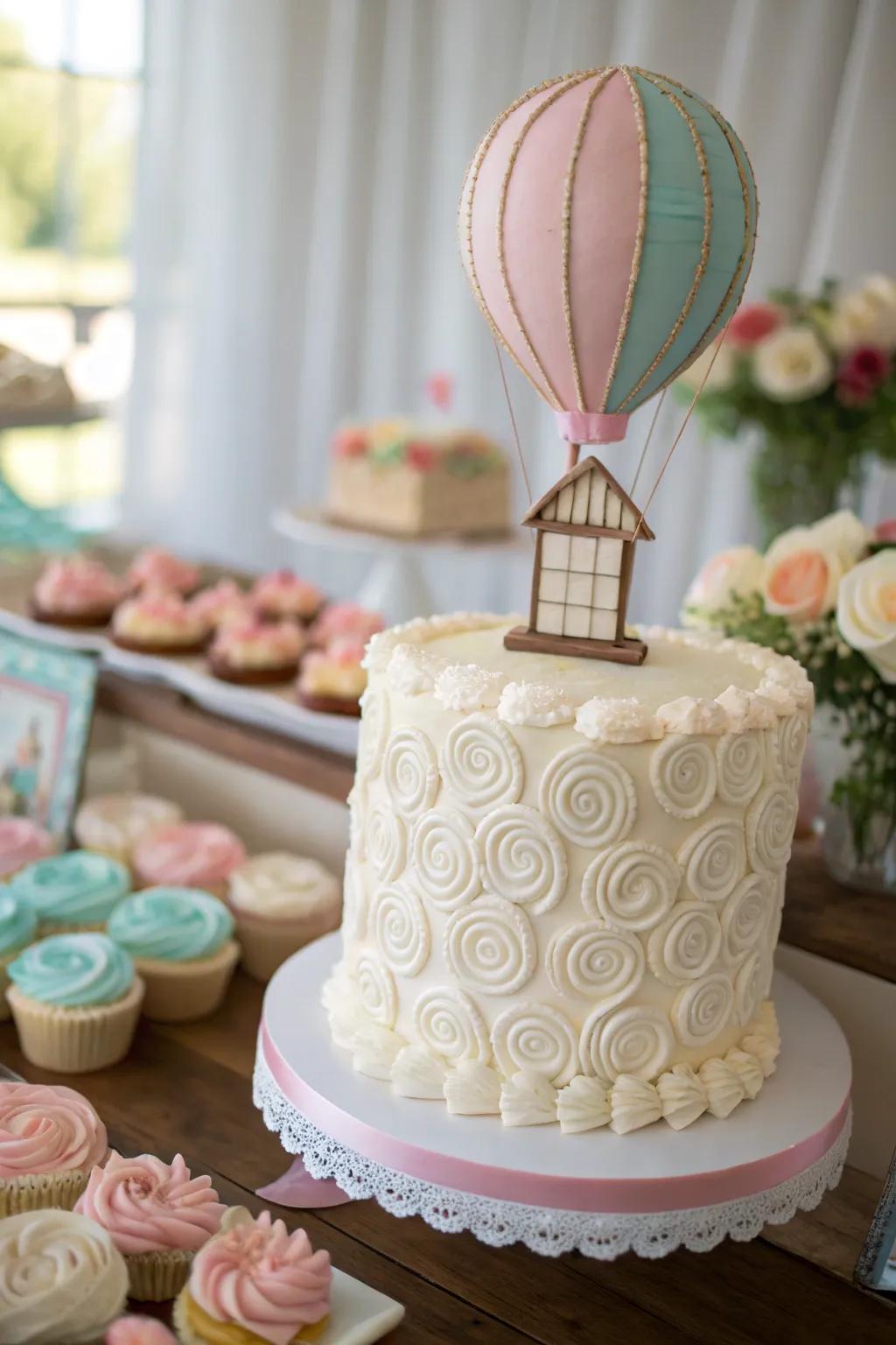 An adorable cake adorned with a hot air balloon decoration.