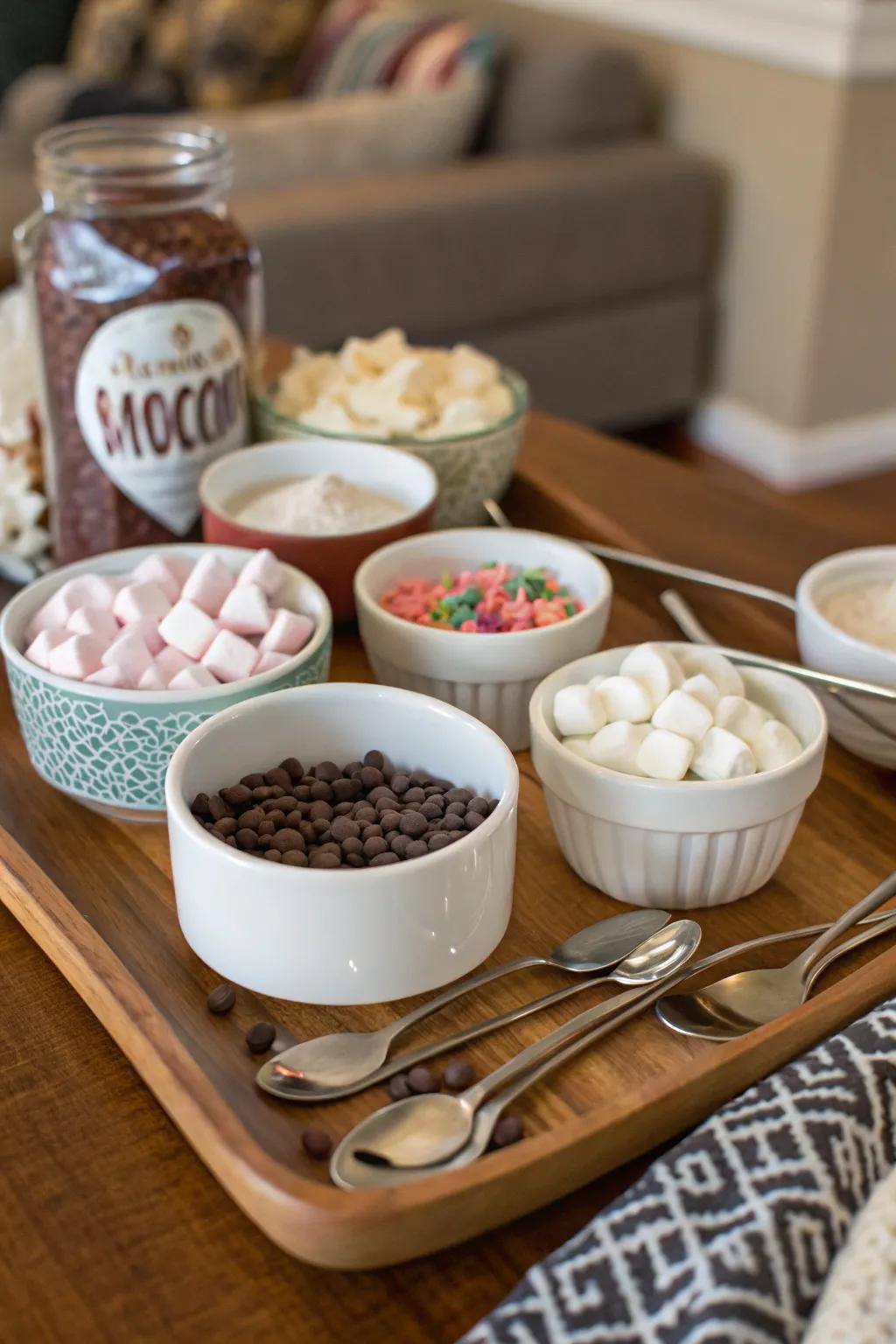 A DIY station invites visitors to personalize their chocolate elixir.