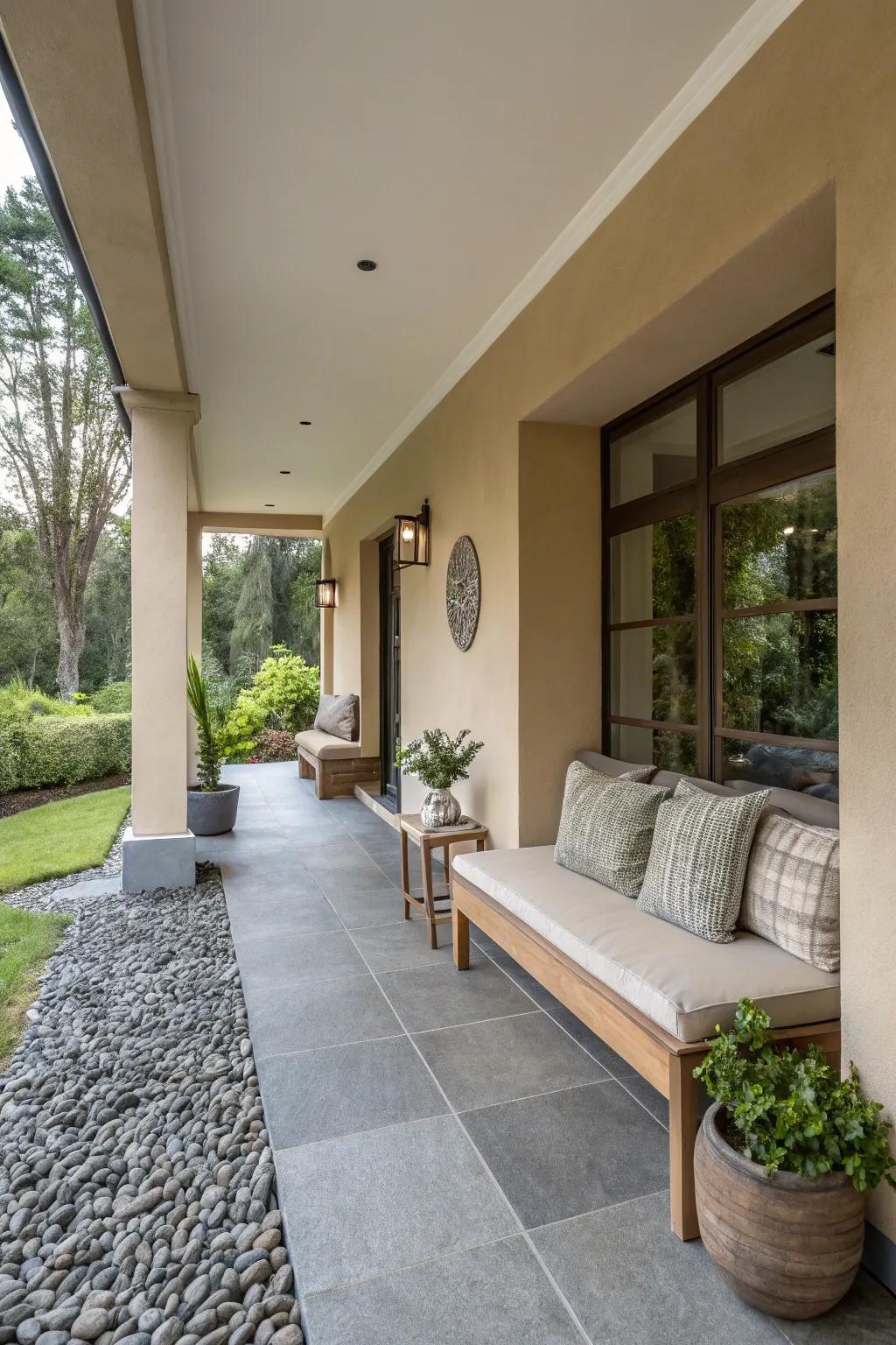 Neutral colors merge effortlessly in this modern porch design.
