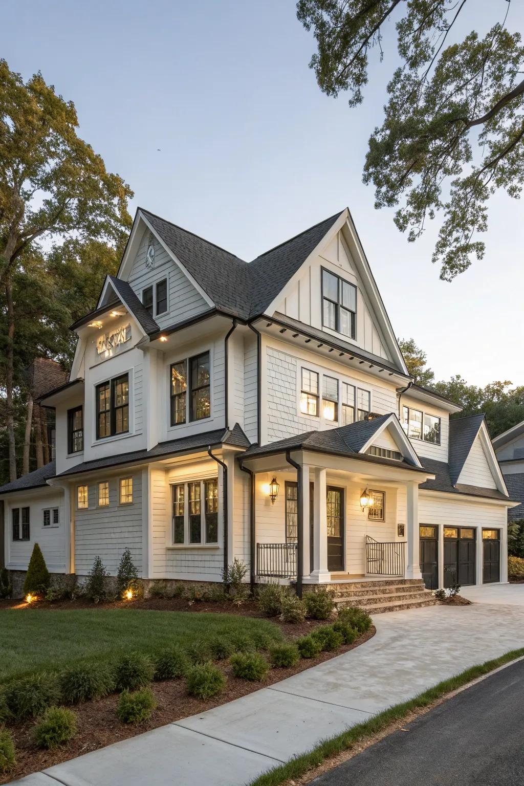 A fusion of traditional and modern trim styles creates a unique appearance.