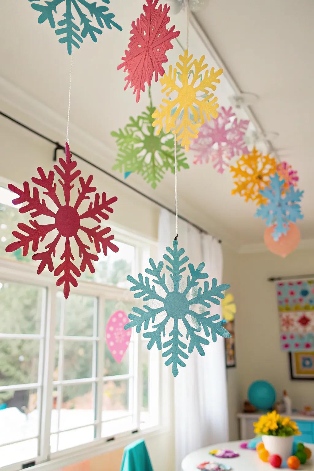 Add a splash of color to your decor with bright snowflakes.