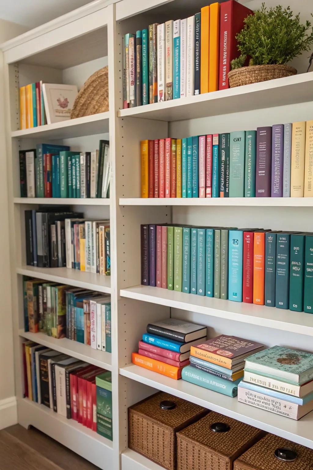 Neatly arranged bookshelf exhibiting maximized area.