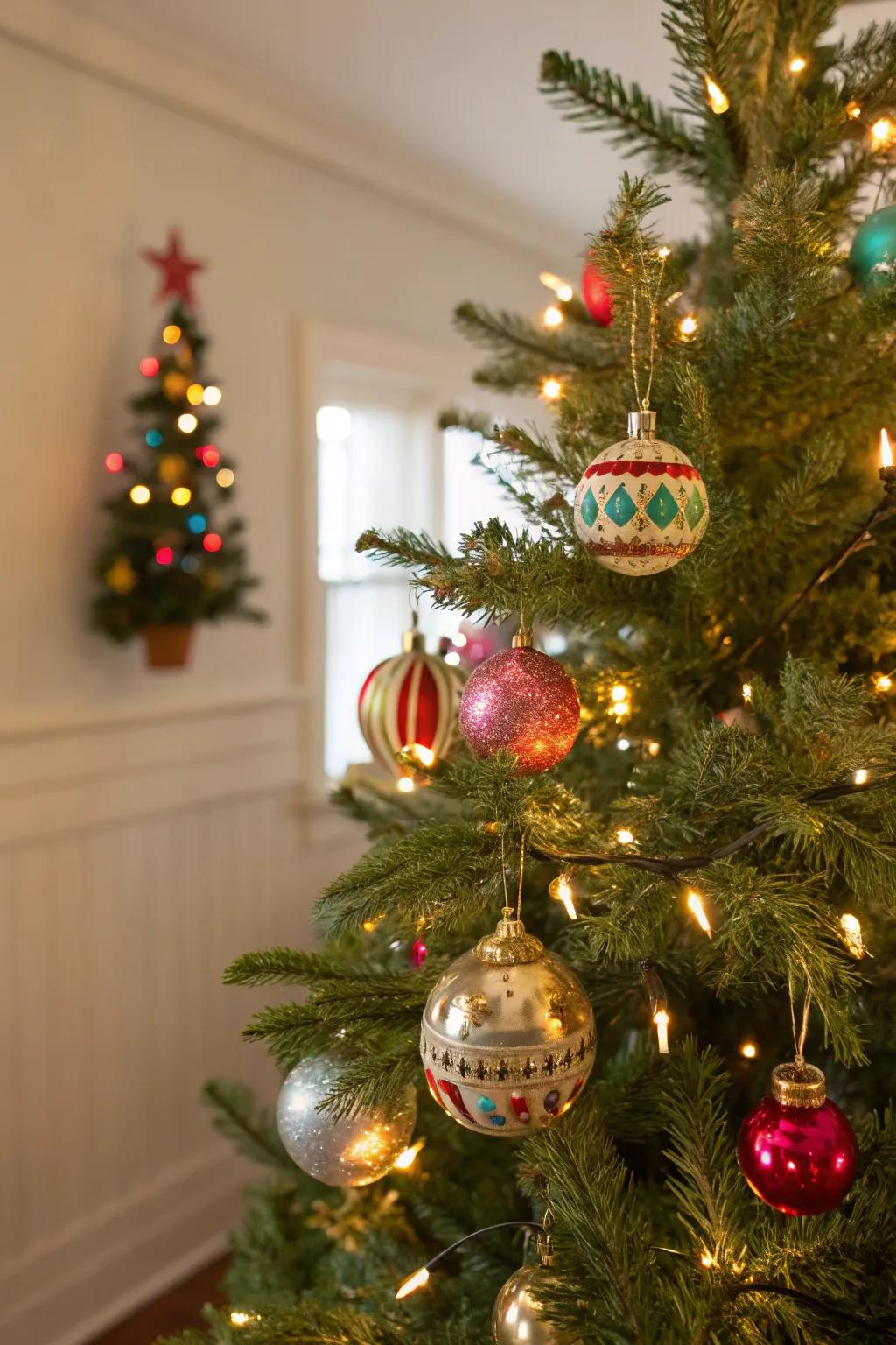 A nostalgic Christmas tree exhibiting a charming assortment of aged figures.