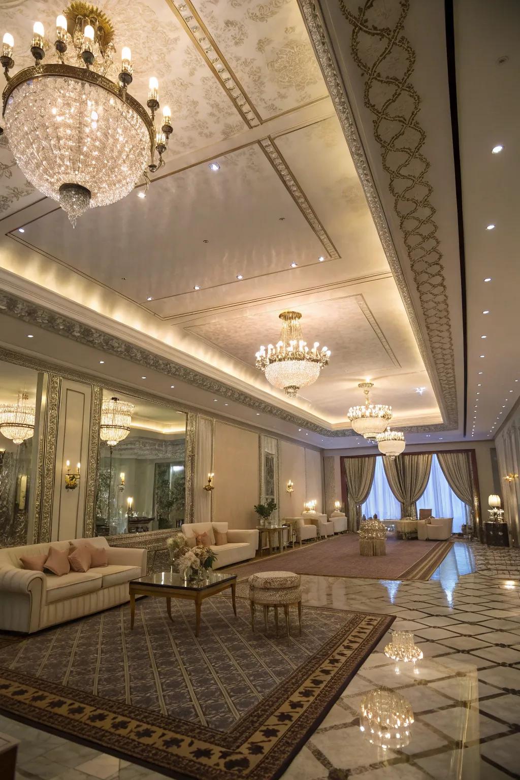 A luxurious room showcasing a mirrored ceiling that reflects light beautifully.