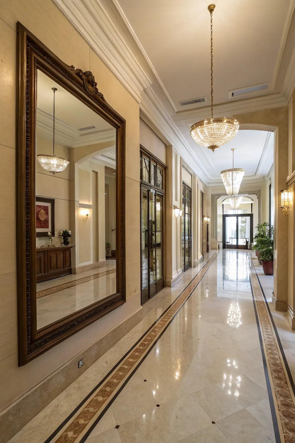 A strategically placed mirror makes a hallway appear larger.