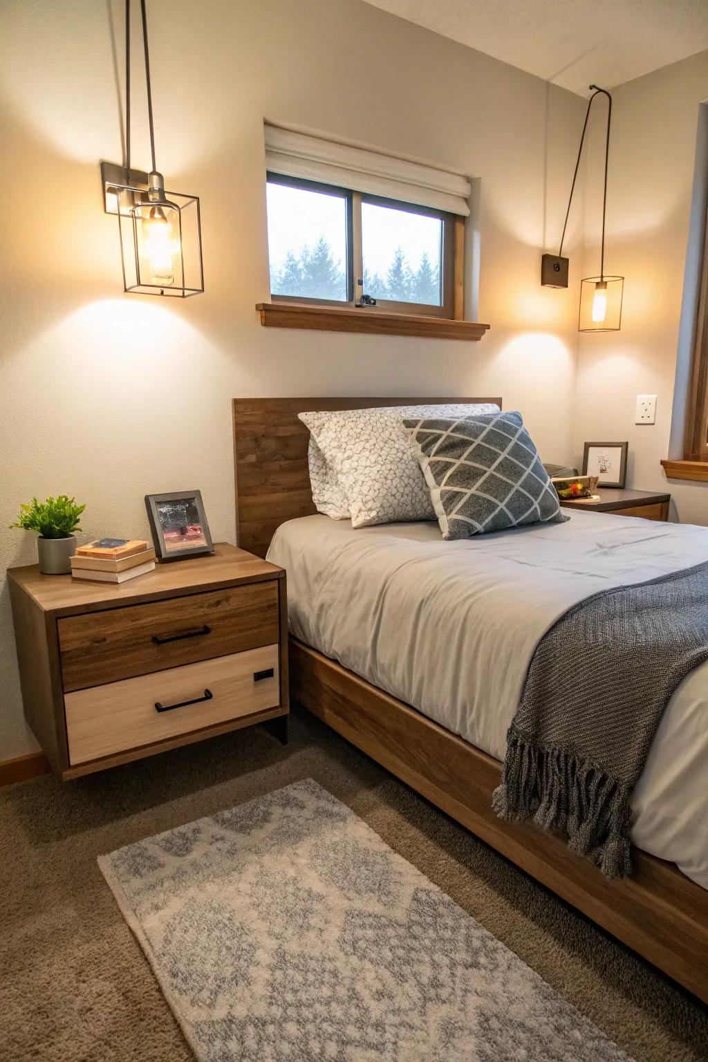 Floating nightstands freeing up floor area.