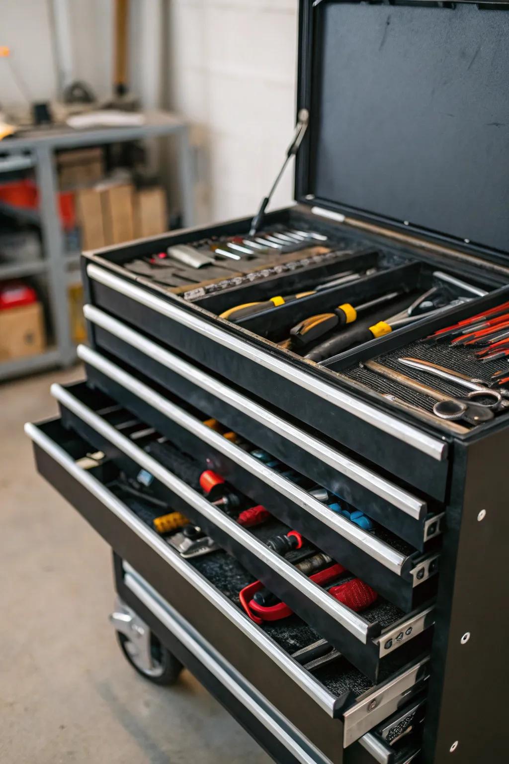 Drawers aid in sorting and transporting tools effectively.