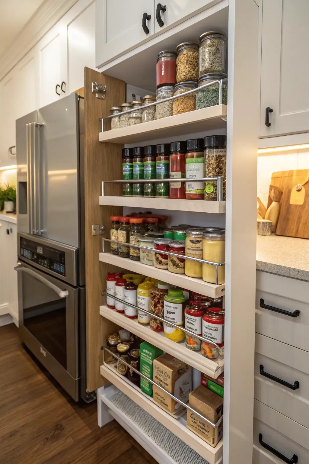 Tiered shelving optimizes visibility and arrangement.