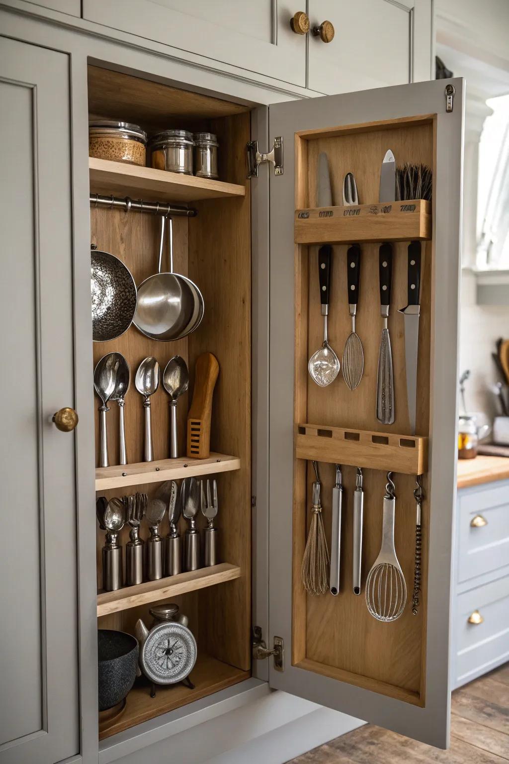 Cabinet door organizing using concealed areas.