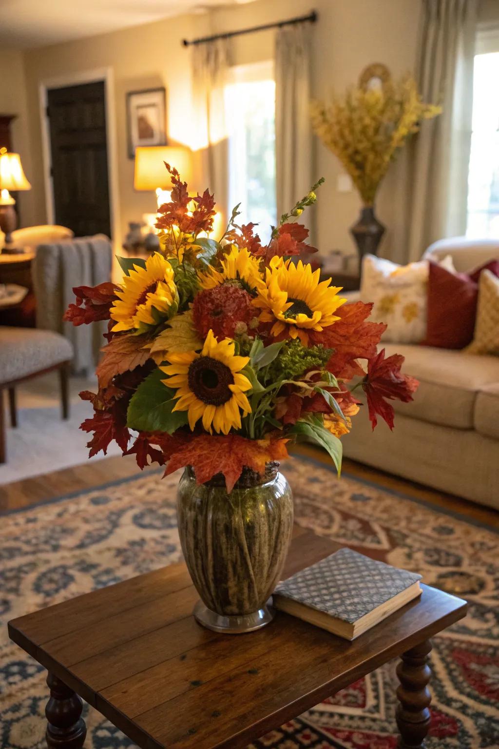 A season-inspired arrangement featuring sunflowers and autumnal foliage.