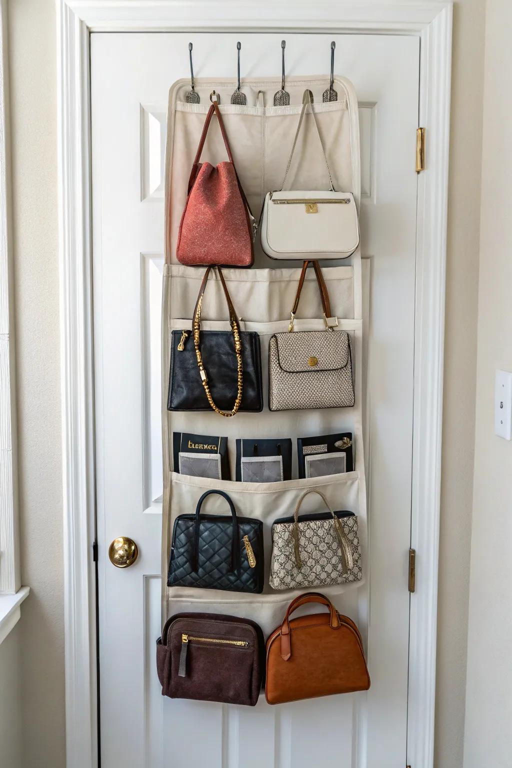 An over-the-door organizer efficiently storing purses in a small space.