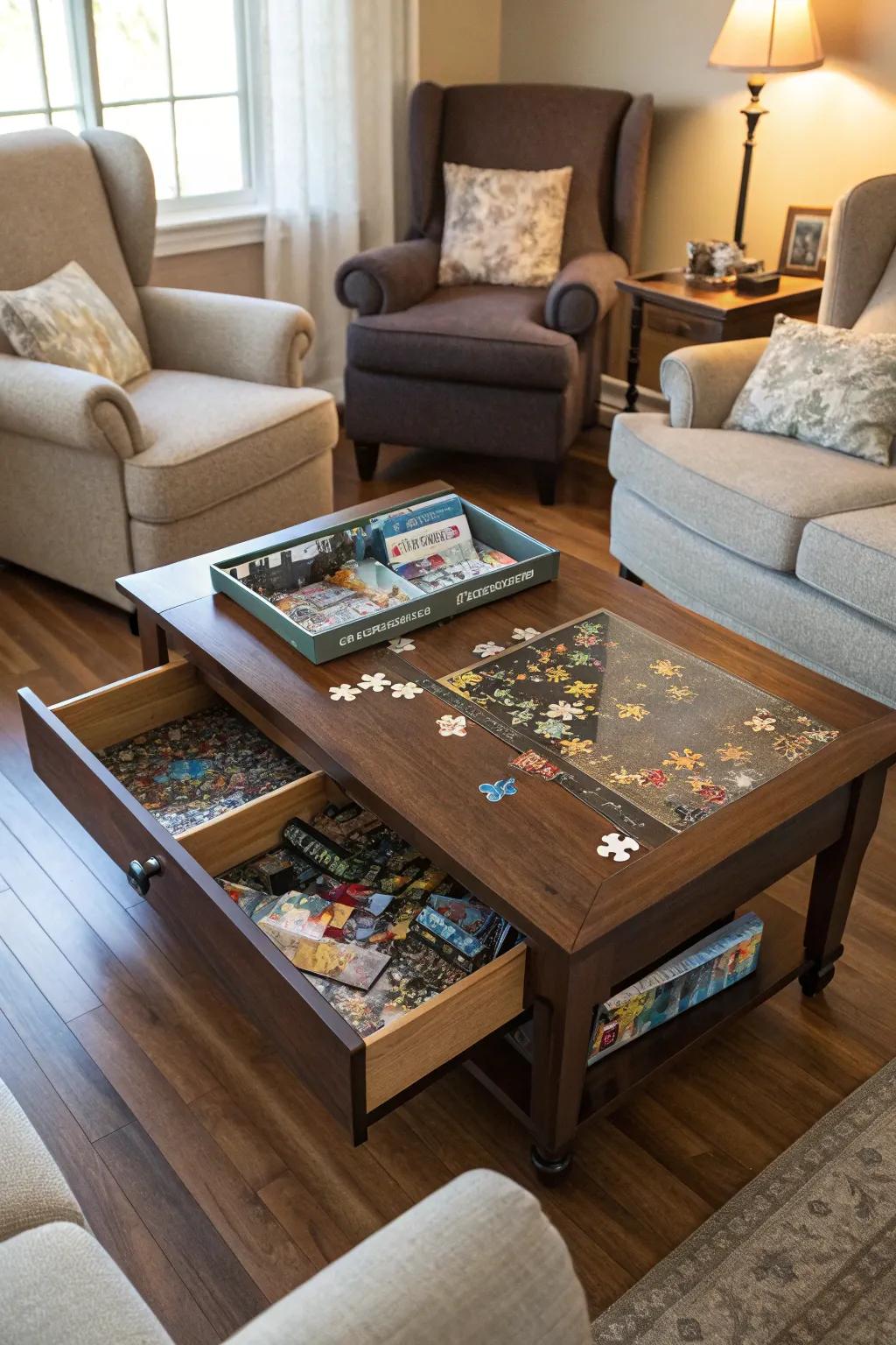 A versatile table that includes puzzle storage.