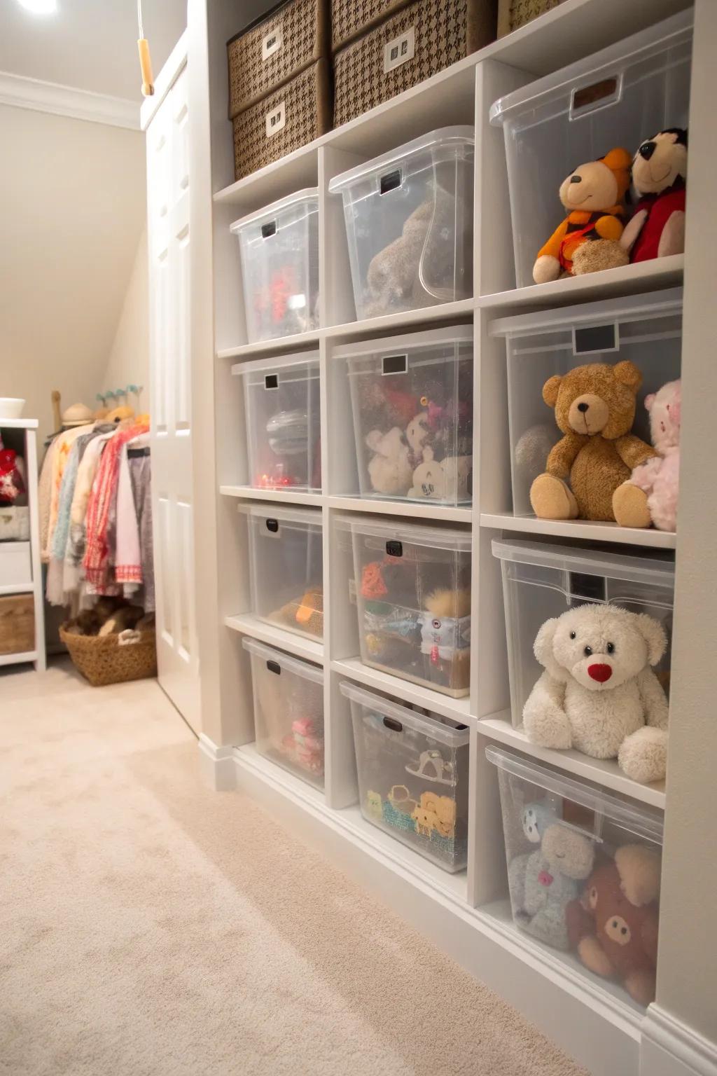 See-through receptacles keep stuffed animals arranged and noticeable.