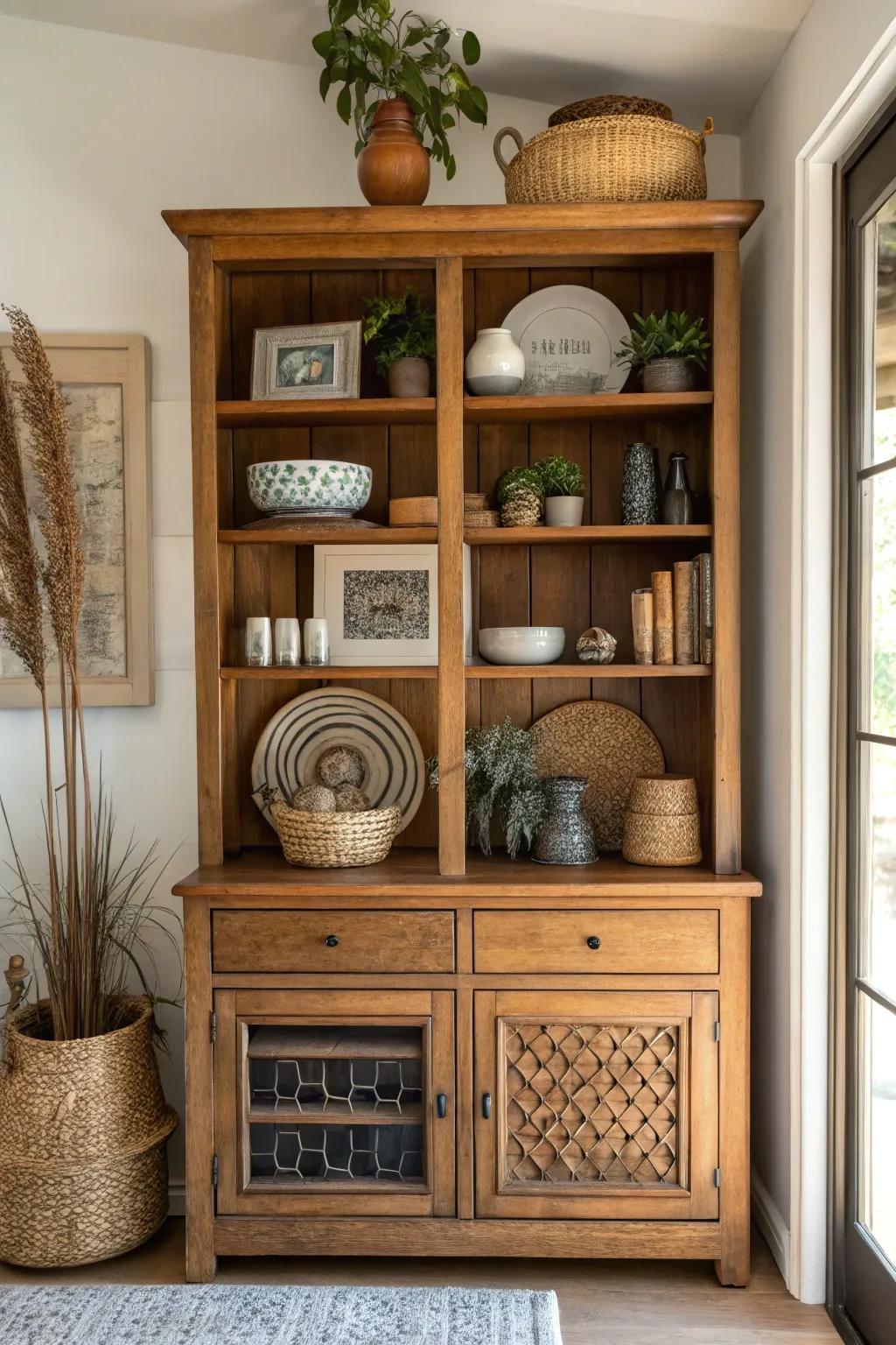 Open shelving offers a dynamic method for presenting decor.