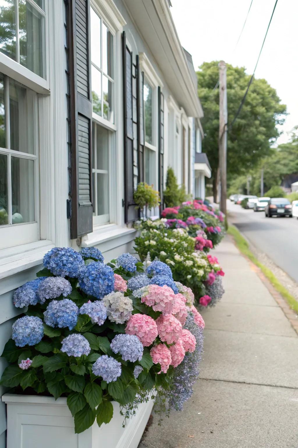 Window gardens adorned with lively hydrangeas on a building’s front.