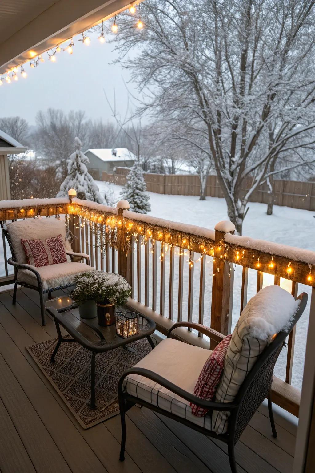 A deck transformed into a cozy retreat with glimmer strips.
