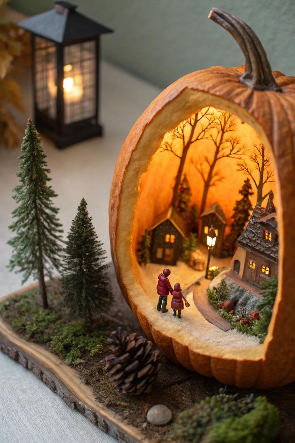 A pumpkin diorama displaying a whimsical, miniature universe.