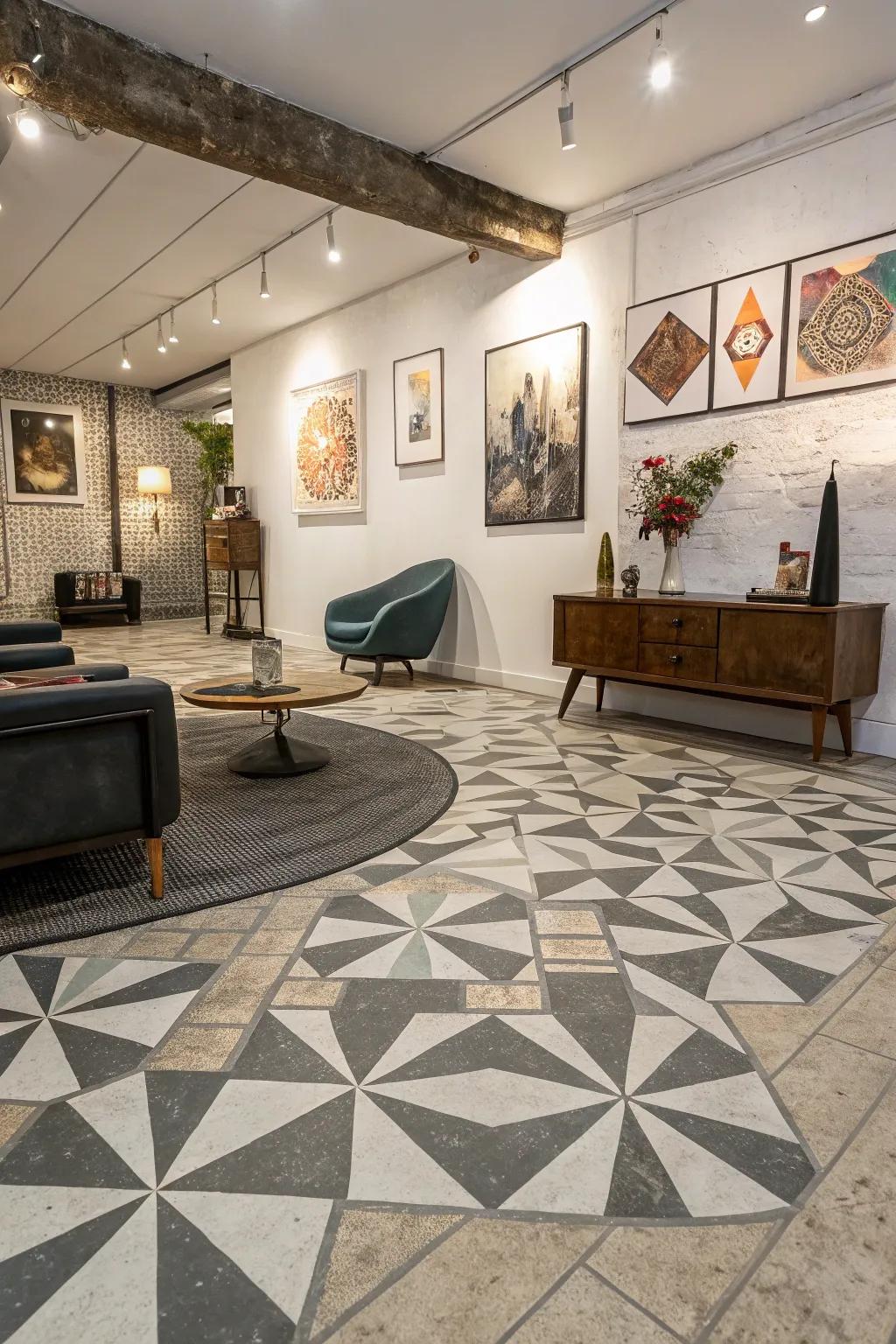 Geometric patterns bring a lively visual appeal to concrete floors.
