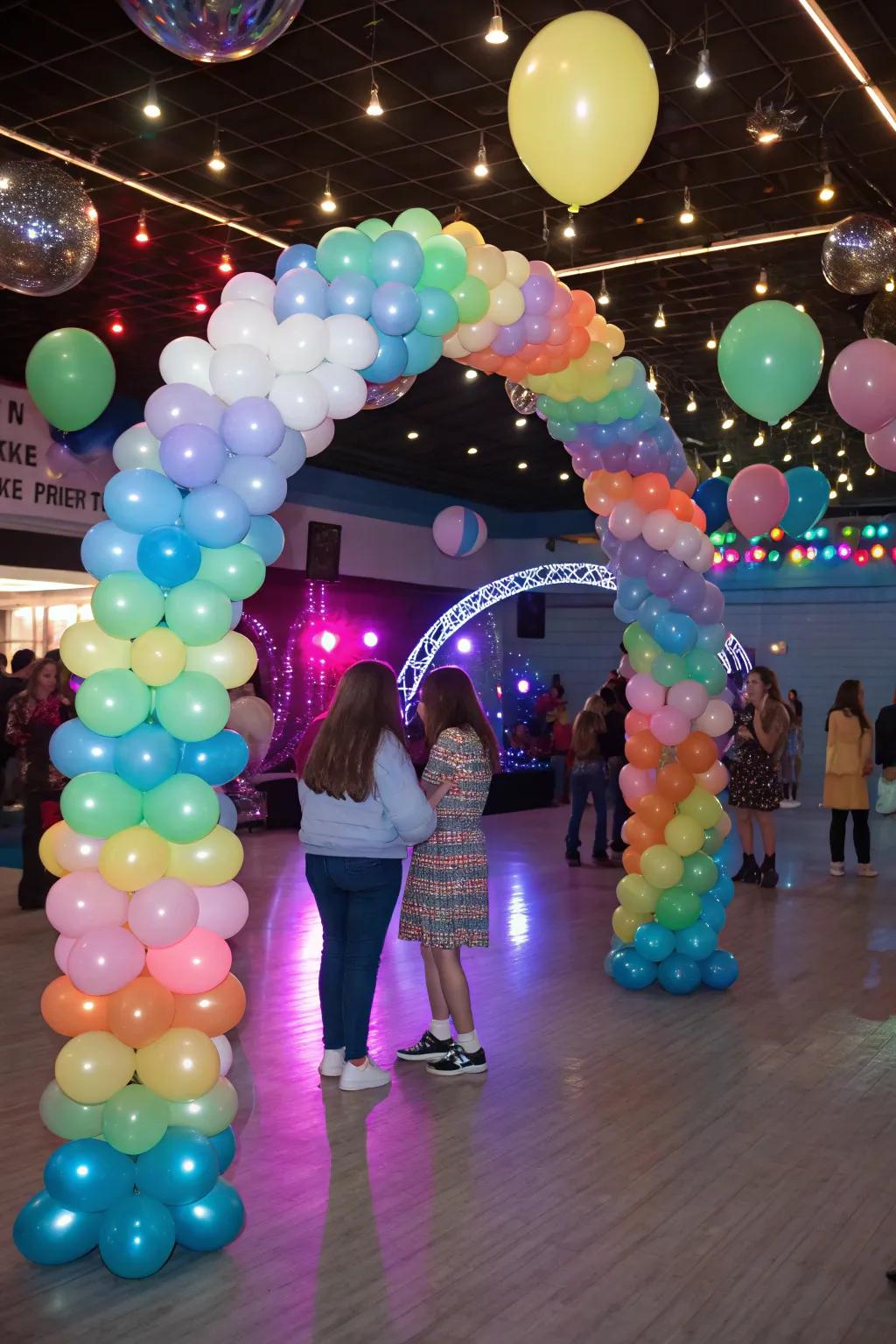 A playful and vibrant indoor celebration featuring balloon decor.