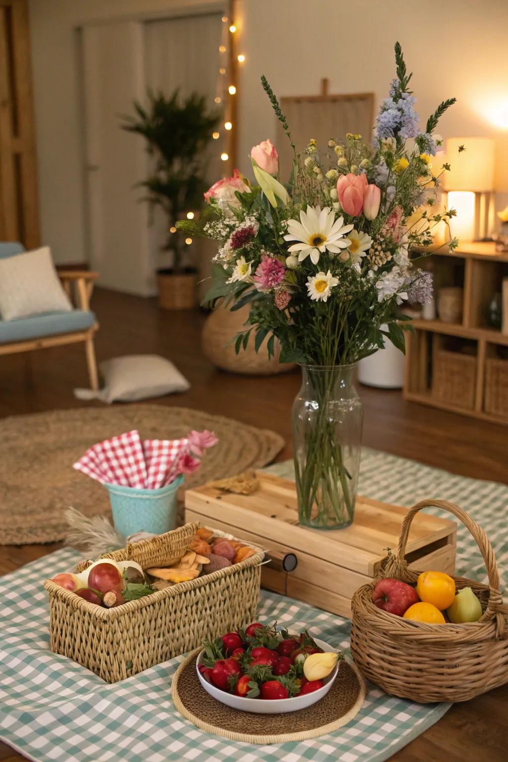 Fresh flowers add natural charm to the indoor picnic environment.