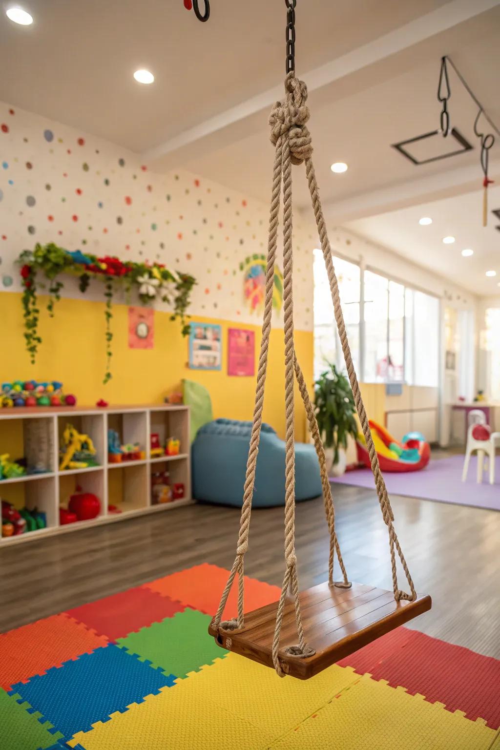 An interior swing invites lighthearted leisure.