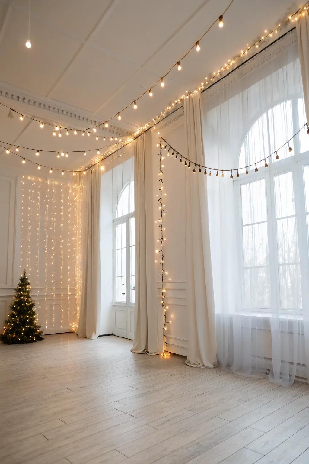 Subtle fairy light integration enhances minimalist spaces.