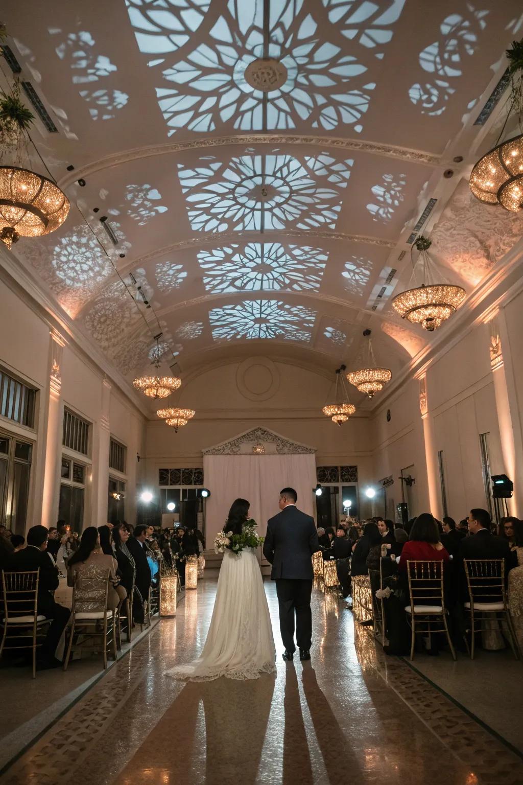Ceiling decorations add drama and elegance to wedding decor.