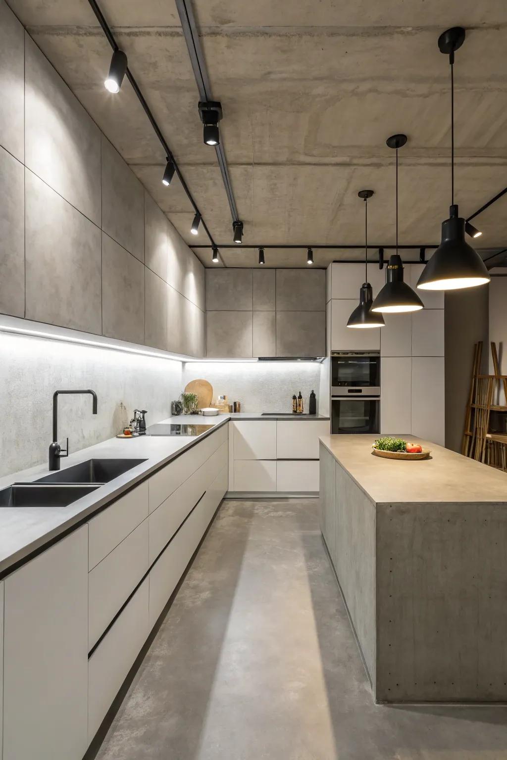 Cast concrete worktops give your kitchen design an industrial flair.