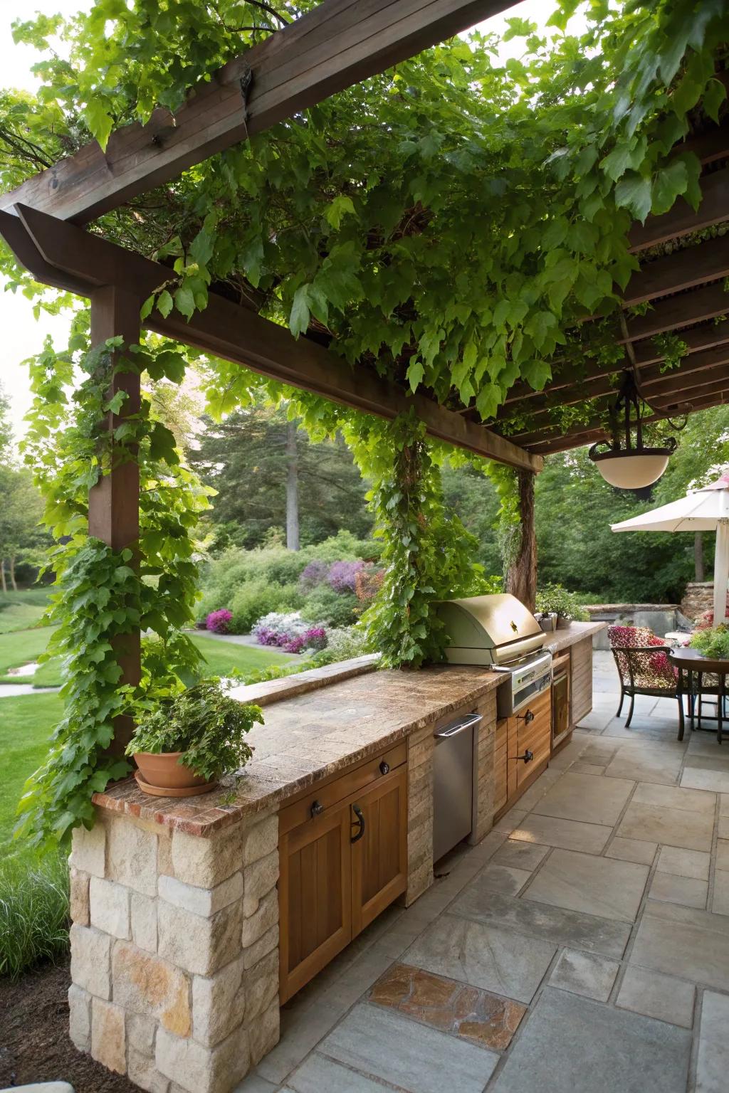 A living canopy of climbing vines for a refreshing outdoor kitchen experience.