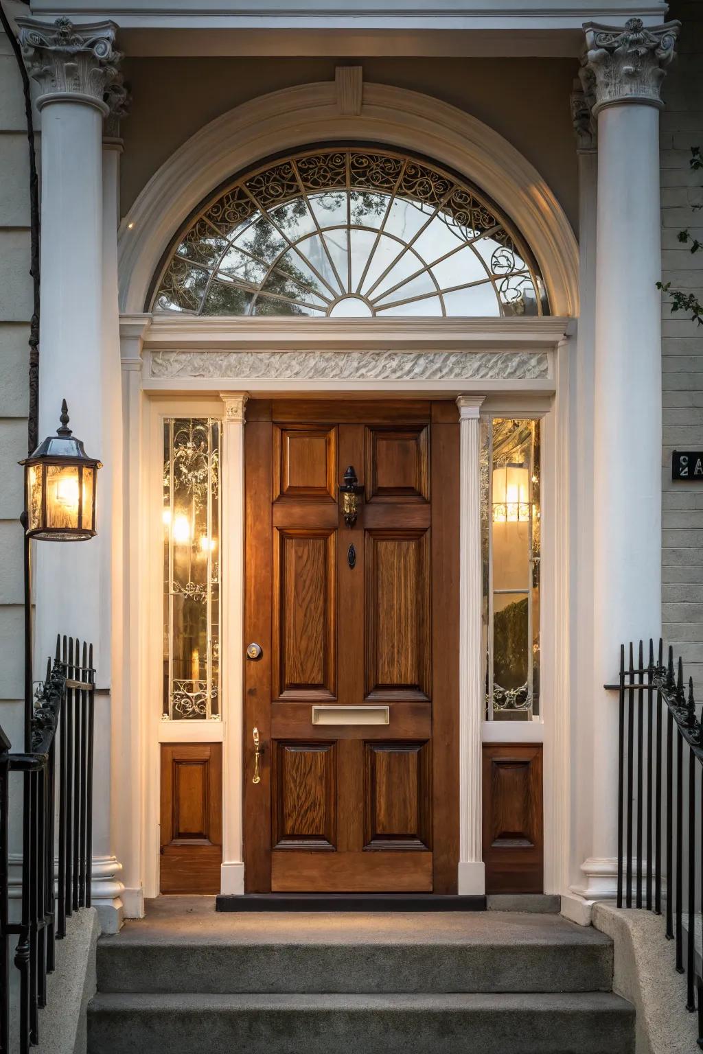 A transom window adds light and sophistication to this door.