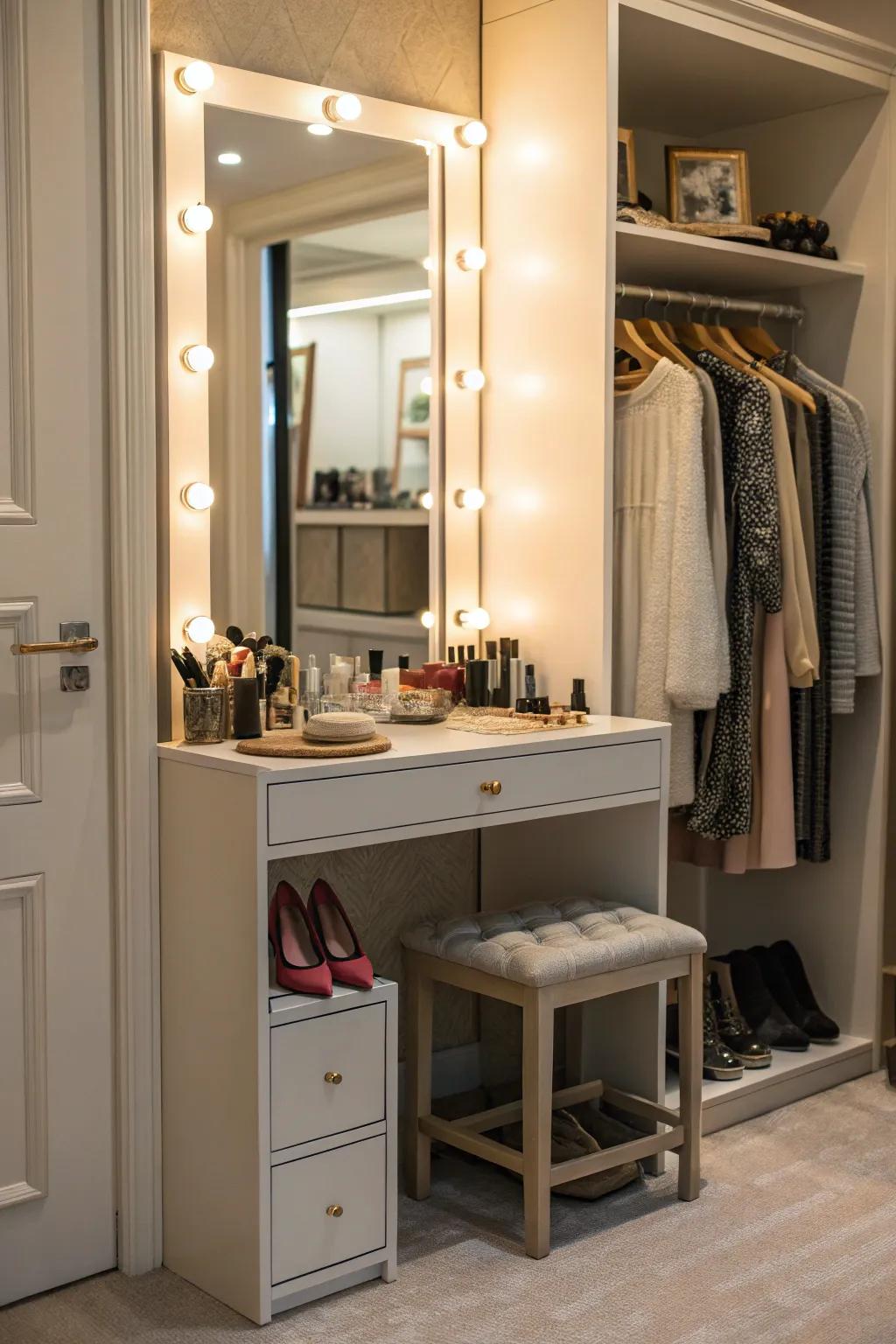 Add a personal touch with a cozy vanity corner in your closet.