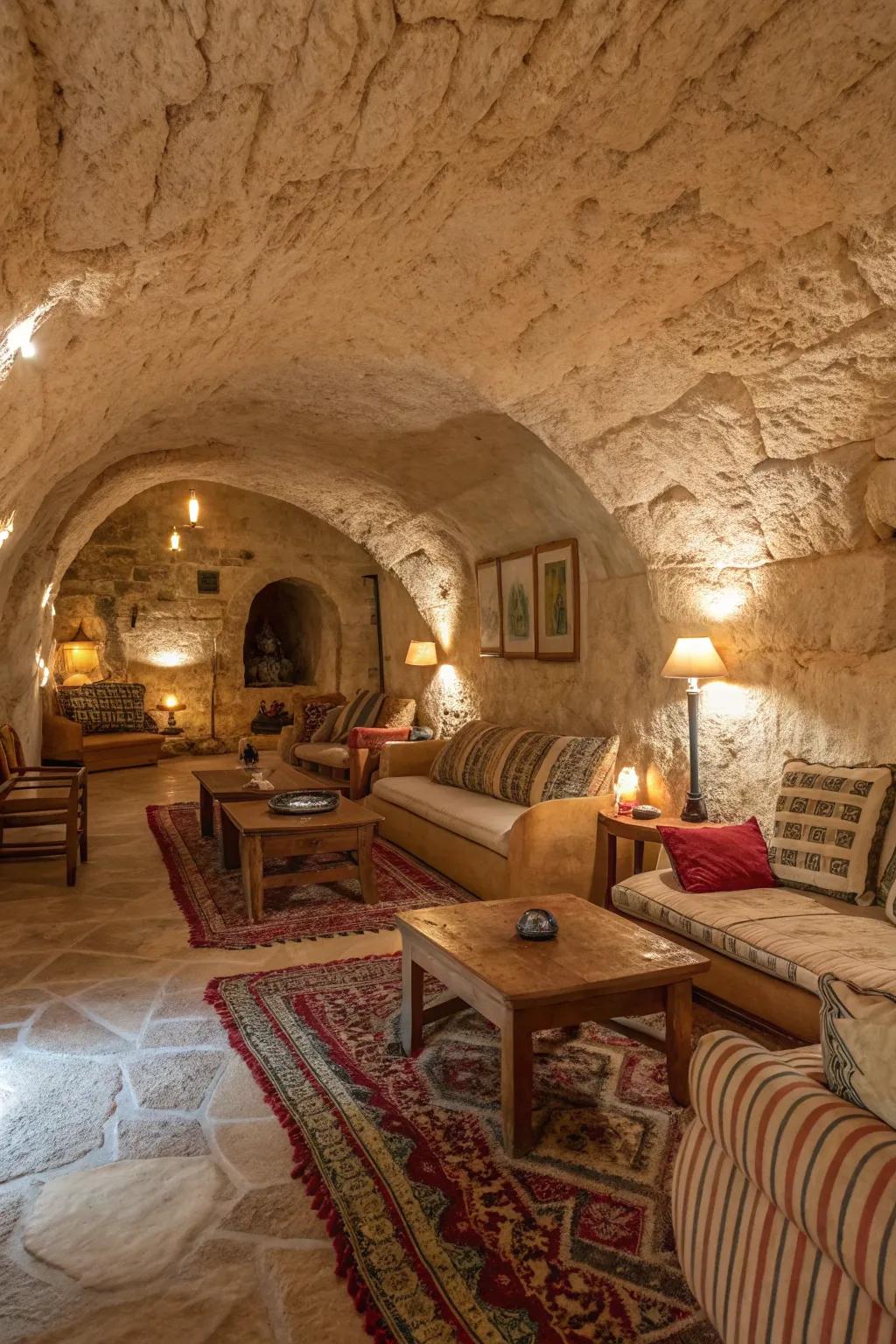 Natural tones build a soothing and welcoming below-ground hideaway.