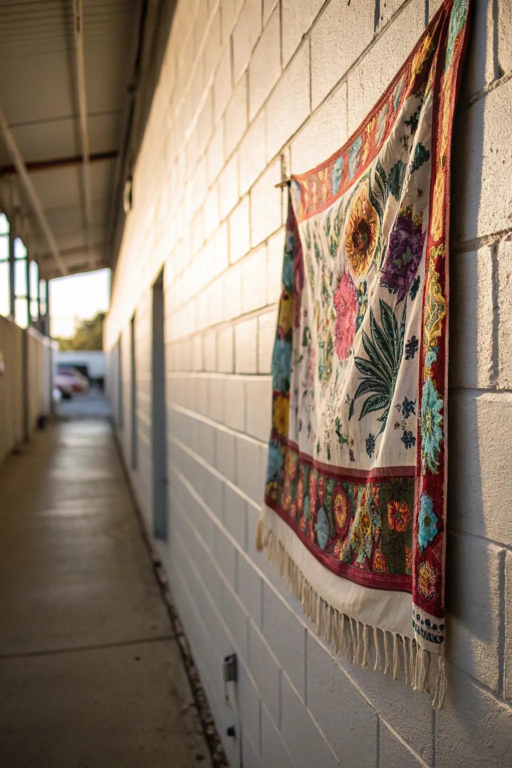 A fabric tapestry softens a concrete block wall with color and texture.