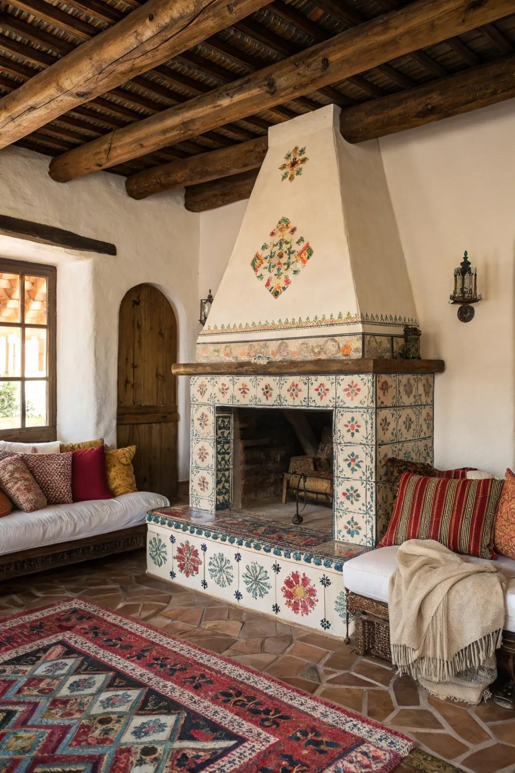 A classic Spanish fireplace establishes a snug focal point within the family room.