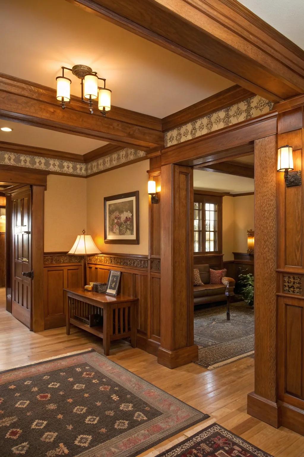 A cozy room enhanced by Craftsman-style architectural moldings.