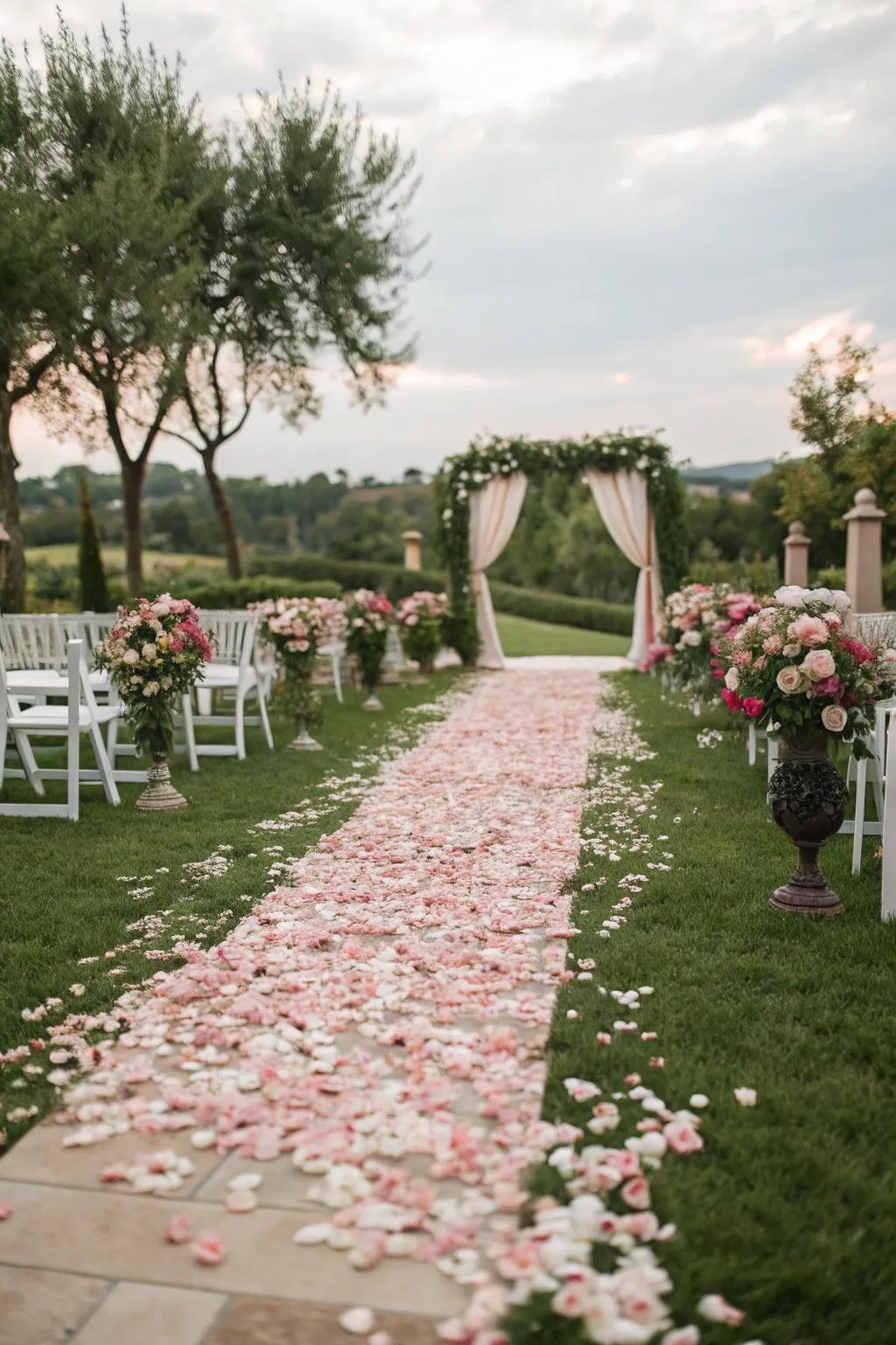 Floral petals and greenery border an enchanting wedding aisle.