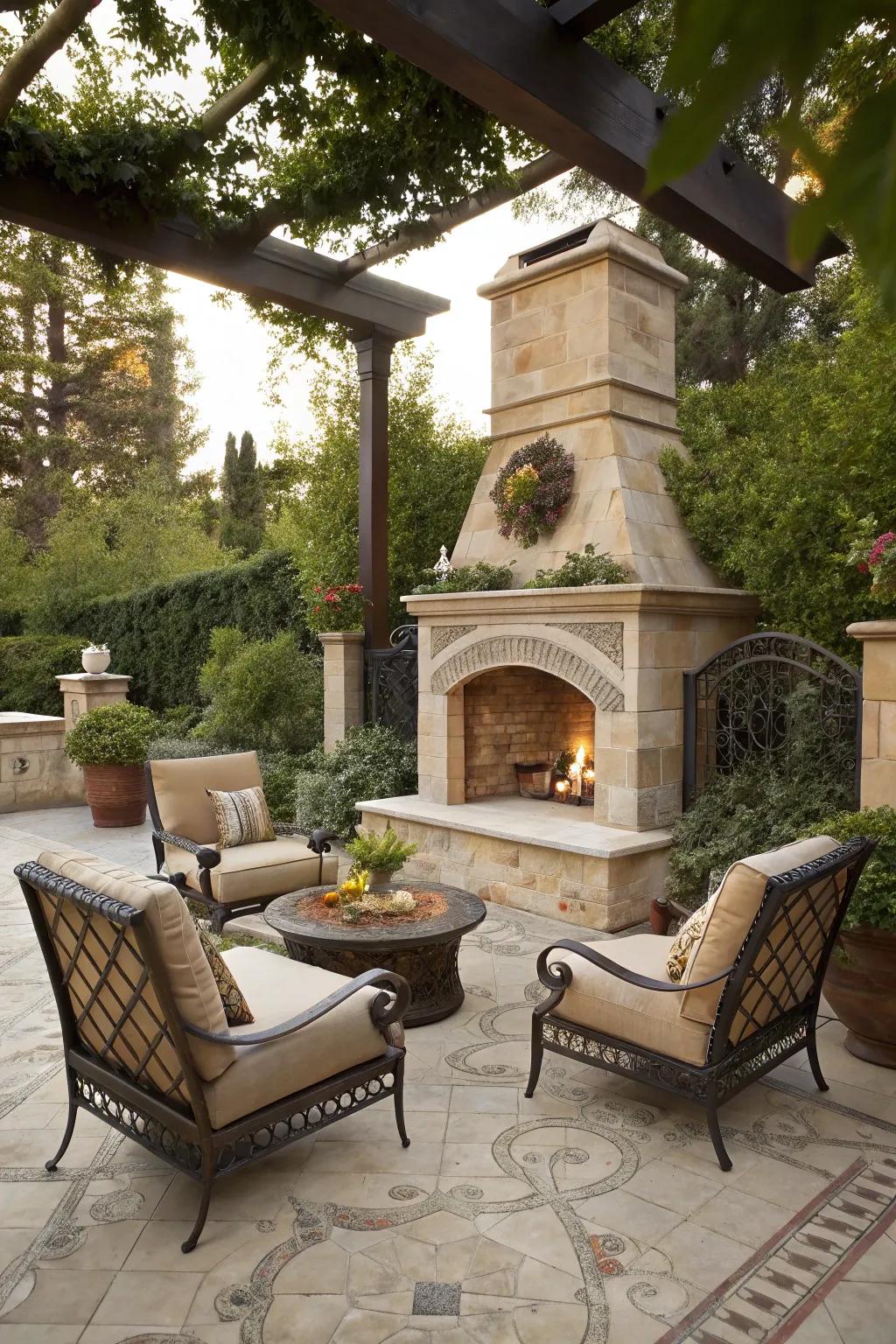 An outdoor fireplace serves as a comfortable focal point for gatherings.