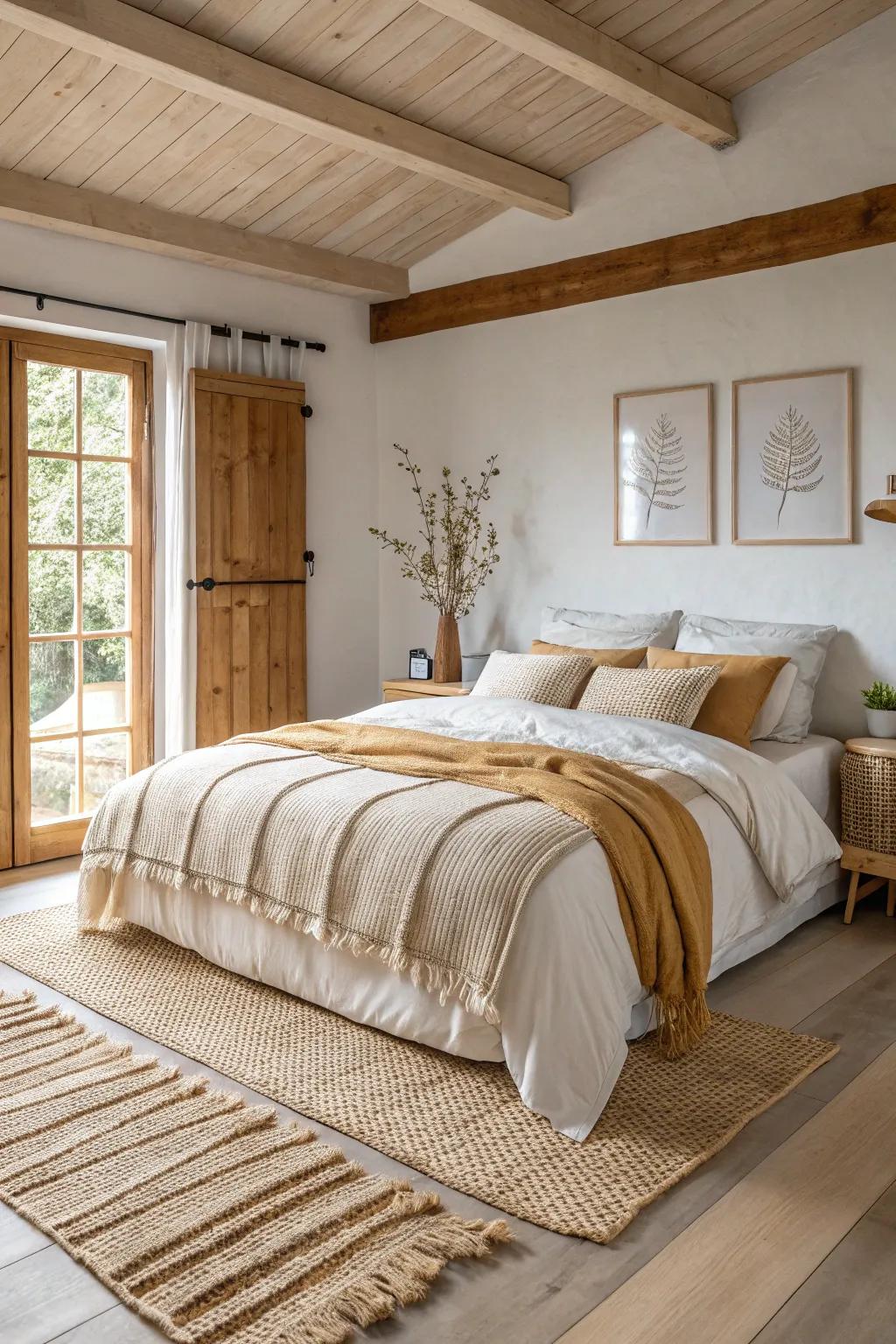 Structured aspects bring richness and coziness to this Japandi-inspired retreat.