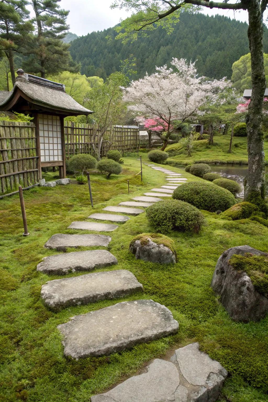 Inviting walkway stones nestled in lush moss.