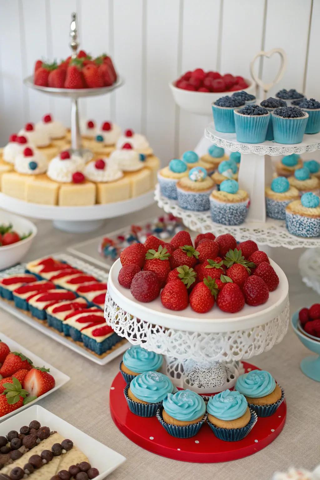 A themed dessert display featuring sweets and seasonal fruits.