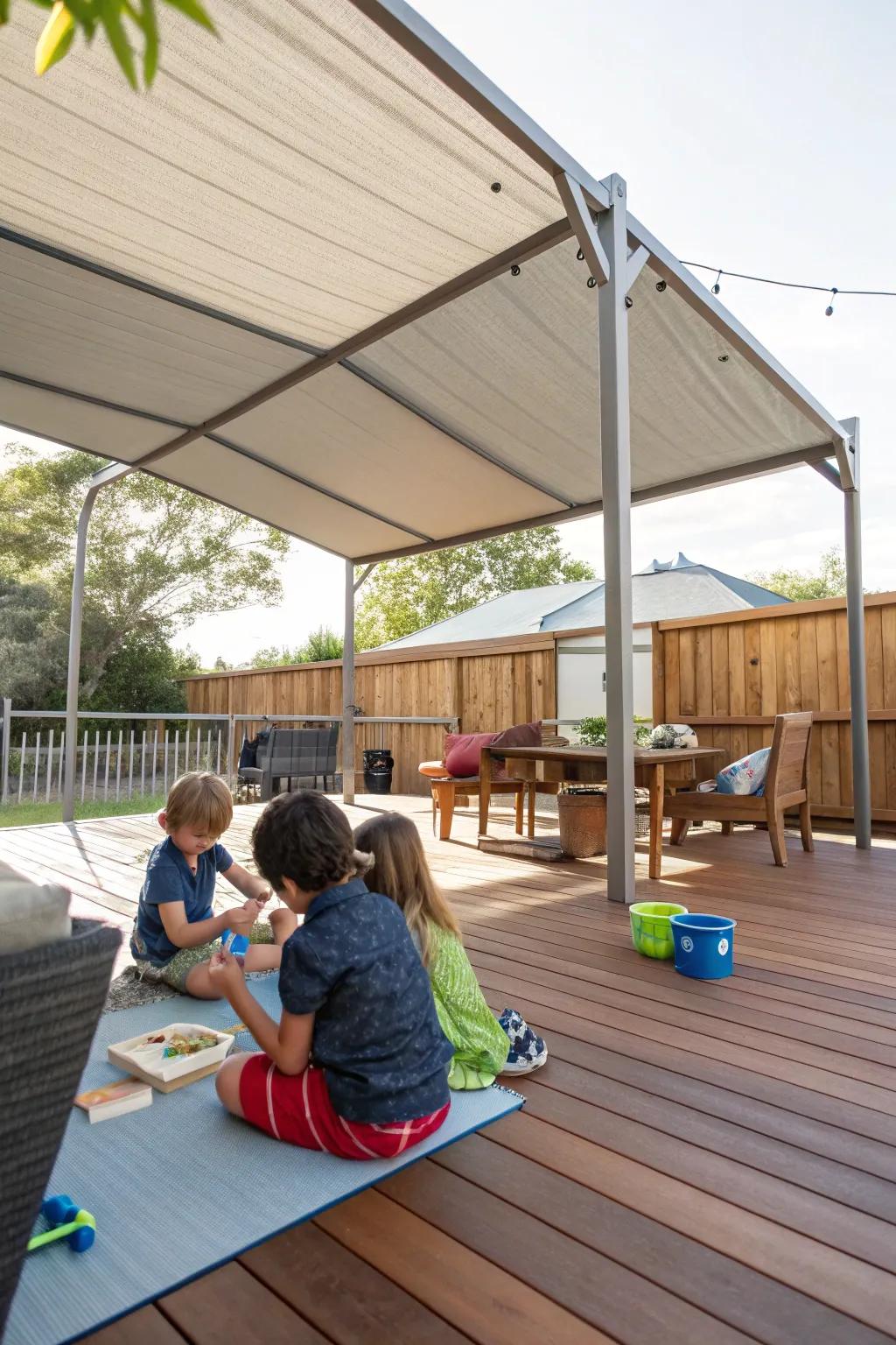 A deck featuring a large shade structure that provides shade where children are playing underneath.