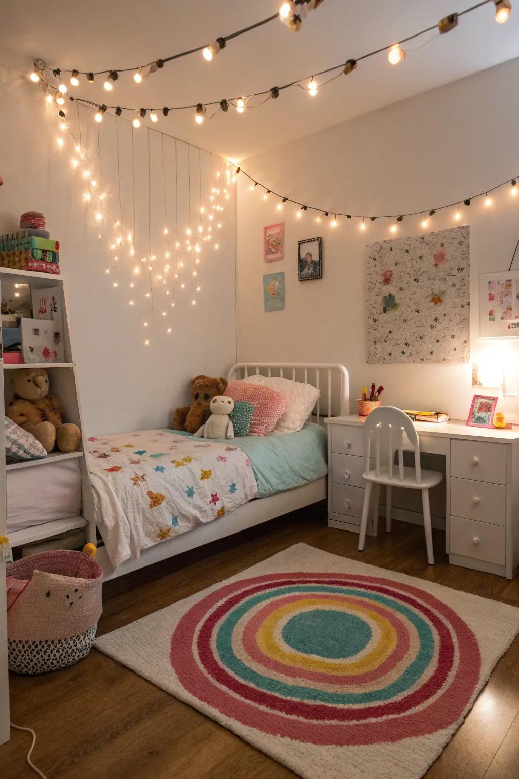 Fairy lights give the room a warm, magical glow.
