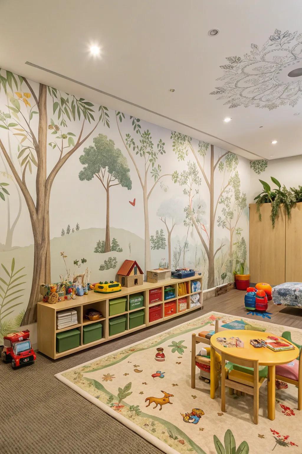 A playroom with nature-themed wall covering that brings the tranquility of the outdoors inside.