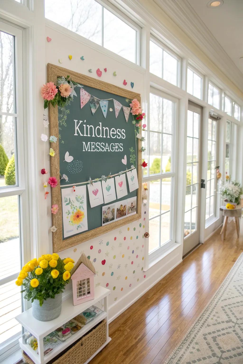 A springtime-themed kindness bulletin board in a radiant room, adorned with periodic ornaments.