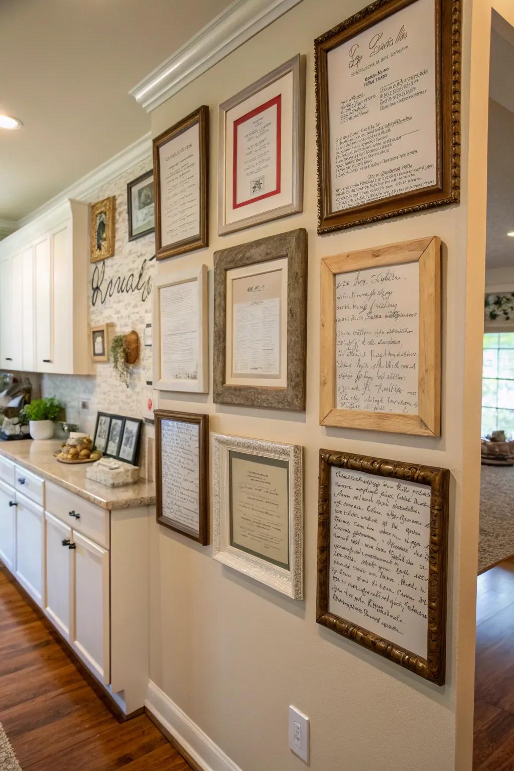 Framed cherished recipes provide a meaningful link to the past.